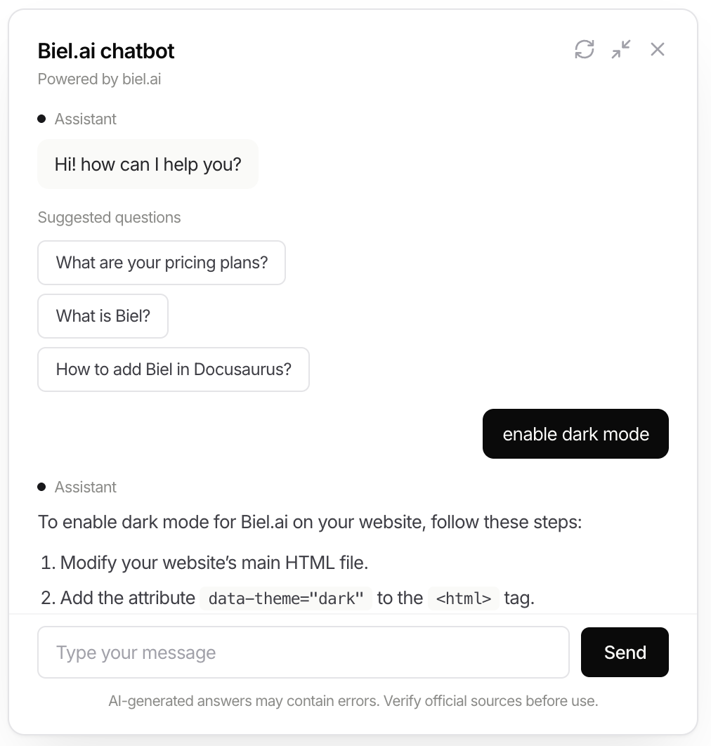 The Biel.ai AI assistant answering a question inside a documentation site