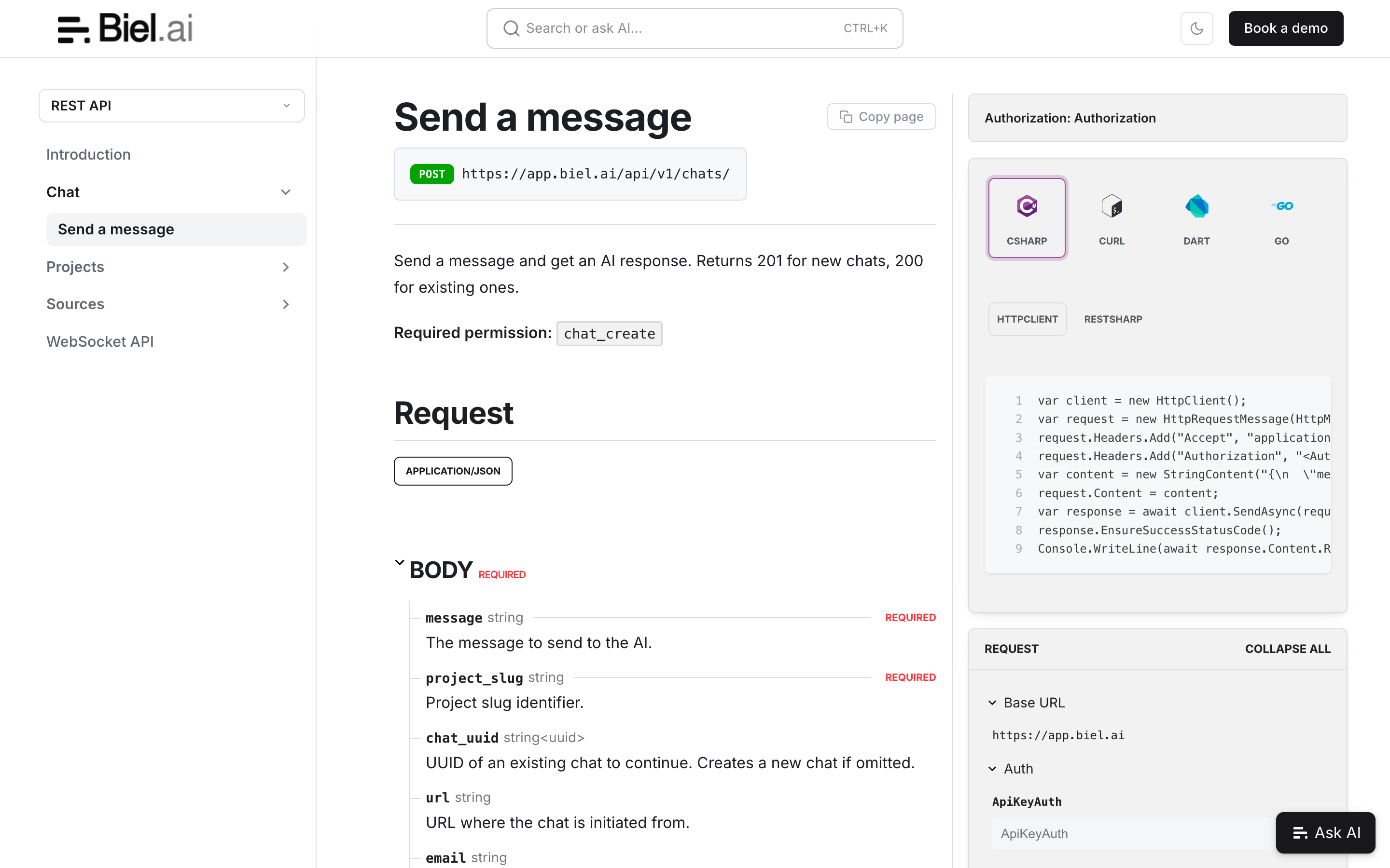 The Biel.ai REST API reference, generated from an OpenAPI specification with multi-language code samples