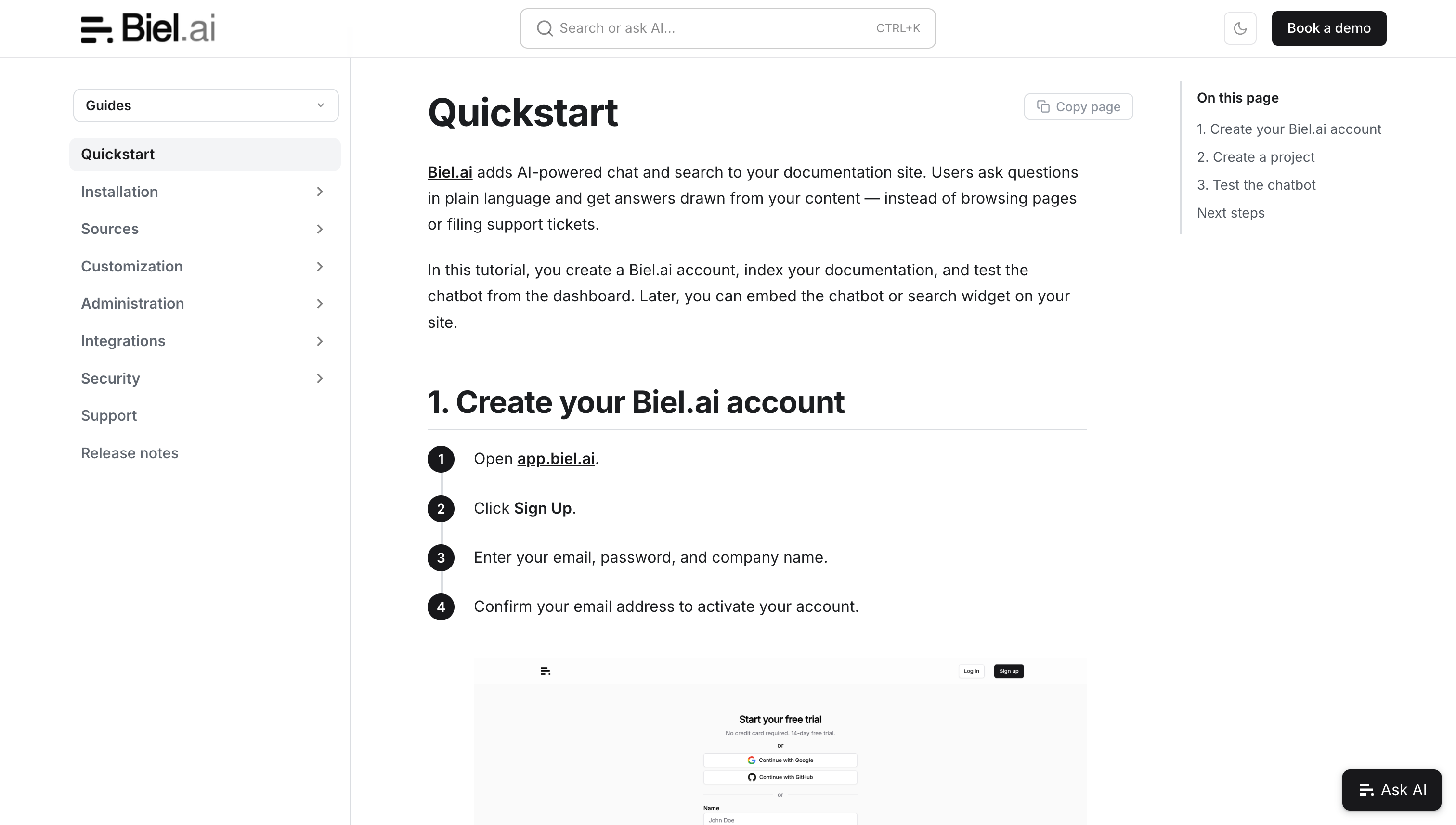 The Biel.ai documentation site, built on a customized Docusaurus stack with Ask AI and AI search built in