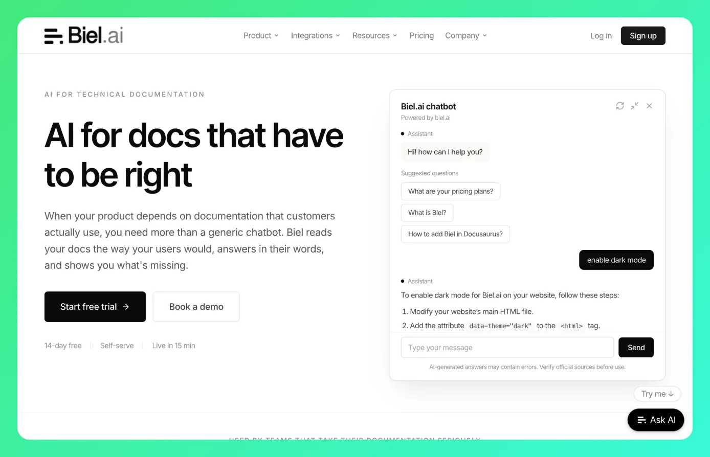 Biel.ai documentation project - Building AI-ready documentation for our own product
